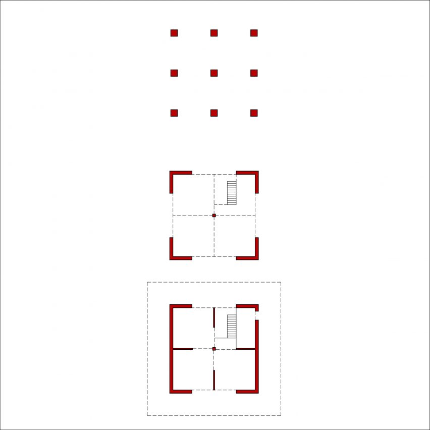 Floor plans of a red cabin in Barcelona by Test and Prefab House Changeover