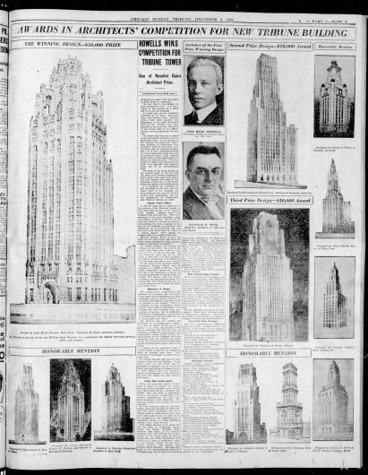 Newspaper showing the Tribune Tower competition