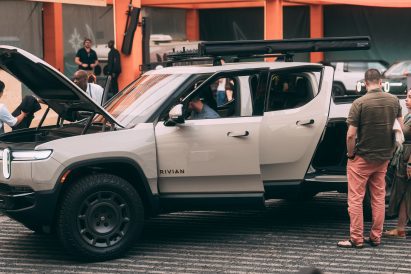 Photo of Rivian's Tri-Motor R1 truck in the colour California Dune at SXSW in Austin, Texas
