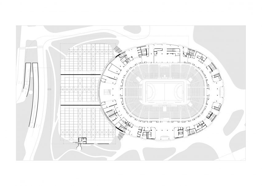 Plan showing handball set-up at SAP Garden by 3XN