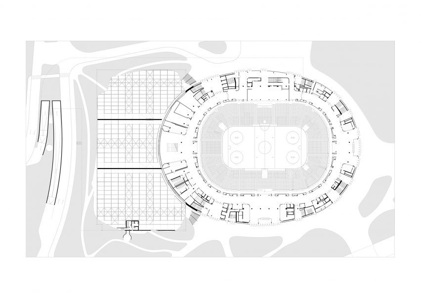 Plan showing ice hockey set-up at SAP Garden by 3XN