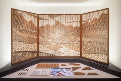 Intricate timer latticework at The Craft of Carpentry exhibition at Japan House London