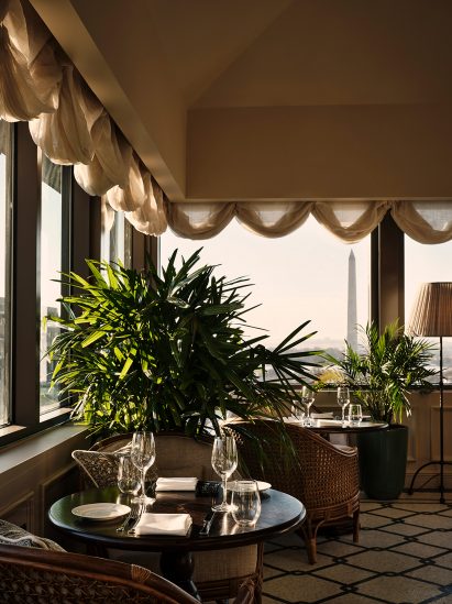 Indoor dining terrace with a view of the Washintgon Monument