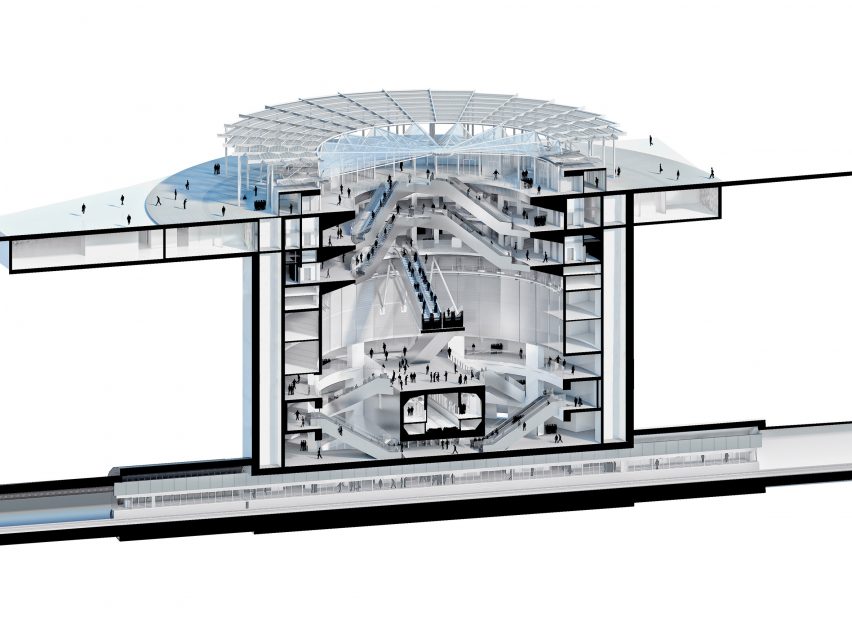 Sectional perspective of Villejuif-Gustave Roussy metro station by Dominique Perrault Architecture