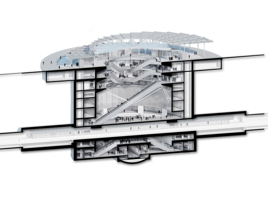 Sectional perspective of Villejuif-Gustave Roussy metro station by Dominique Perrault Architecture