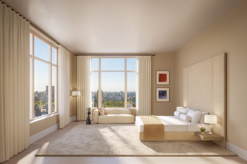 A bedroom with large windows