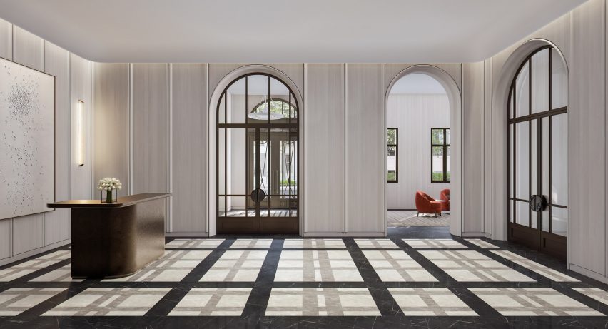 A lobby with arched doorways