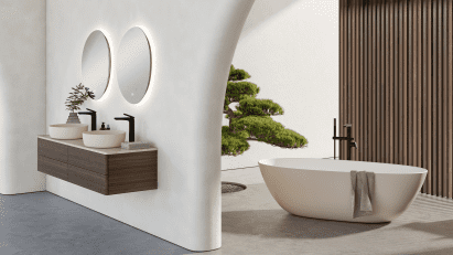 Washbasin and bathtub from the Antao collection in a minimalist bathroom interior
