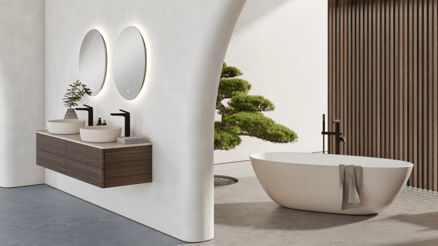 Render of Kaschkash designed bathroom products in white minimalist bathroom