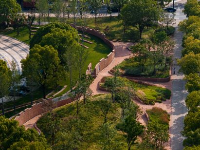 Bird's eye view of Beikun Garden in China featuring a red brick wall