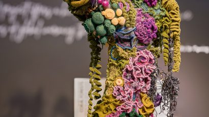Photo of textile installation for Threads of Change: Design and Data exhibition