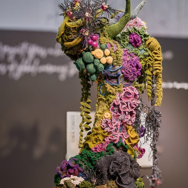 Photo of textile installation for Threads of Change: Design and Data exhibition