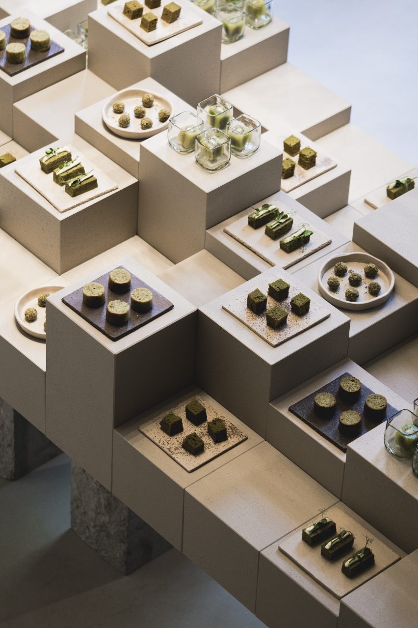Various green food displays as part of installation