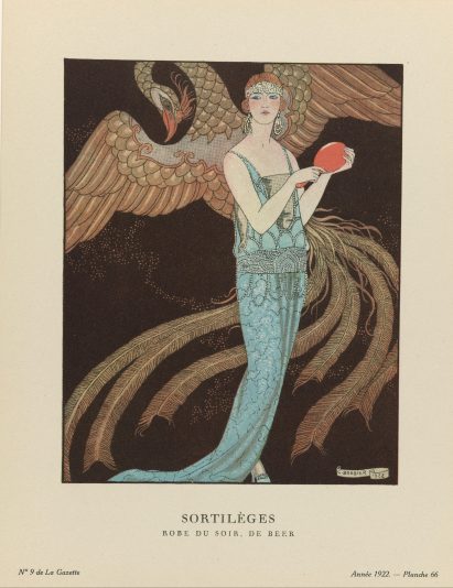 Vintage illustration of 1920s women in beaded blue dress