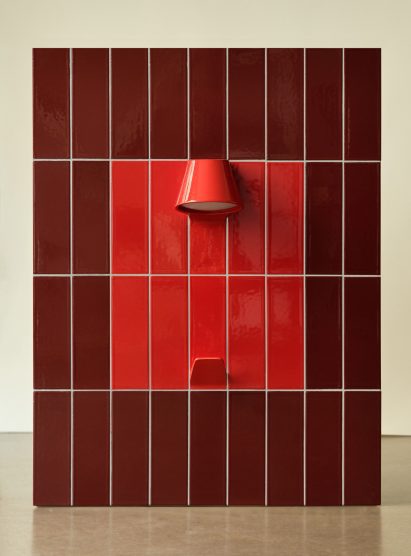Red UU Tiles by Unknown Untitled with hook and light coming out of them