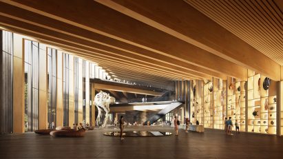 Interior render of reception hall within Hungarian Natural History Museum