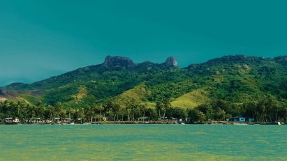 a photograph of a green costal landscape