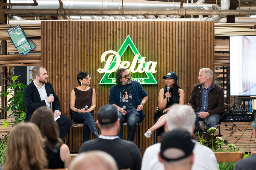 Photo of Ben Dreith, Katherine Chia, Todd Kennedy, John Riordan and Ati Blackwell on a panel at Delta Millworks