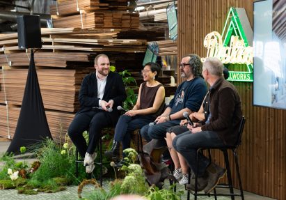 Photo of Ben Dreith, Katherine Chia, Todd Kennedy, John Riordan and Ati Blackwell on a panel at Delta Millworks