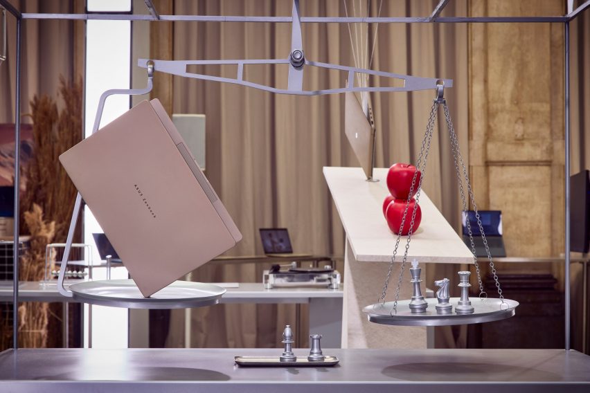 Laptops on display in design thinking area of the showcase