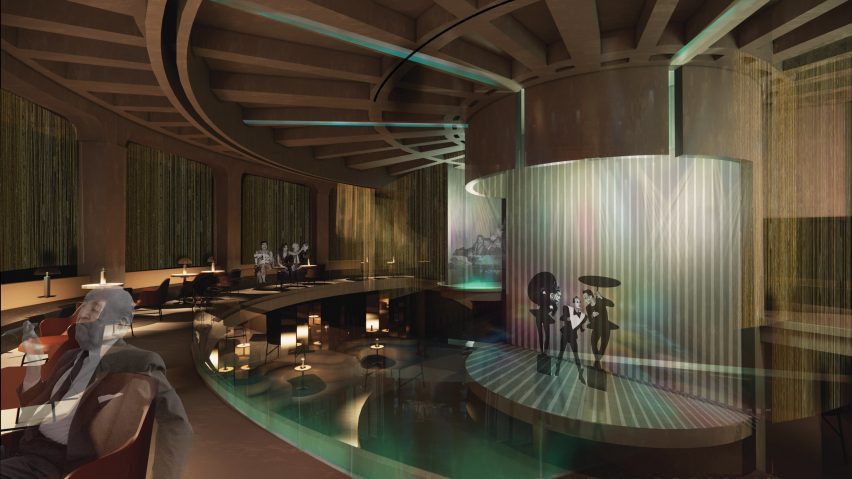 a visualisation of a nightclub in tones of beige, green and blue