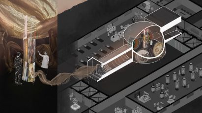 a visualisation of an abstract space for a headquarters, in tones of black, grey and brown