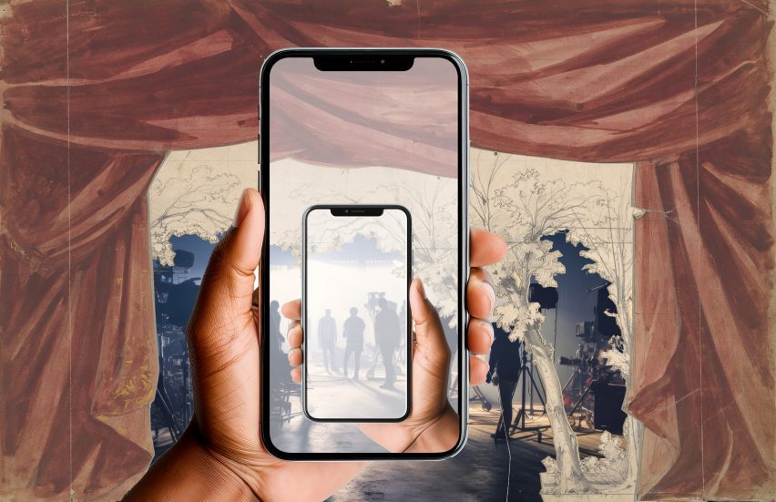 a digital collage of a person holding a smartphone, displaying another smartphone. The backdrop is tones of brown, beige and grey