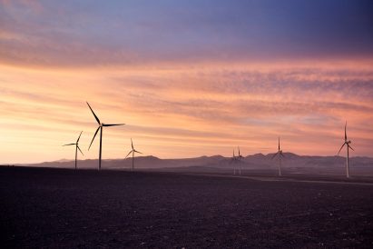 Wind power plant at sunset 