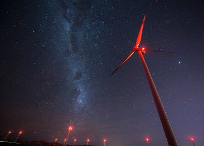 Single wind turbine at night