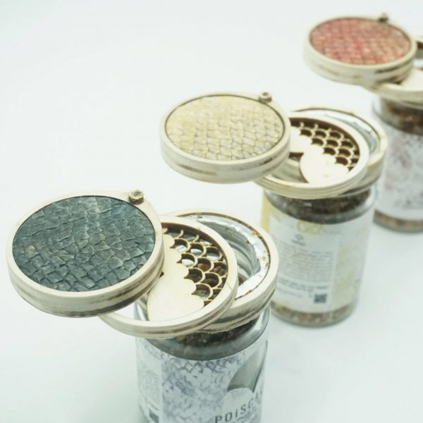 Three jars made with fish leather storing salt made from fish skin