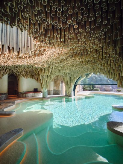 Indoor spa with bamboo roof Swiss chalet