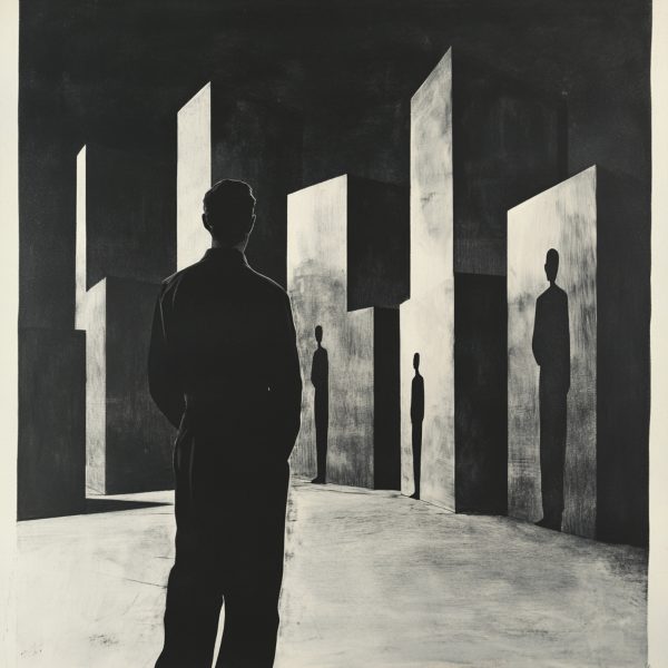 an image of a black silhouette amongst tones of grey and black