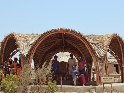 Exterior view fo bamboo shelter by Jack Rankin and Nyami Studio