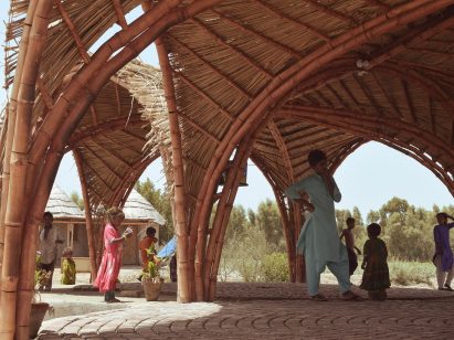 View of sheltered space at bamboo pavilion in Pakistan