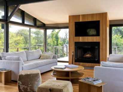 Living room of renovated mid-century home in Fire Island Pines