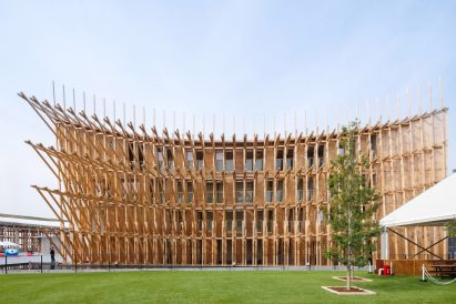 Side elevation of wooden pavilion by Lina Ghotmeh