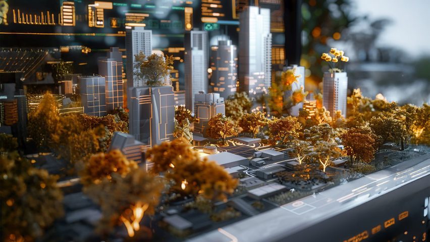 a photograph of an architectural model in tones of orange, blue and white