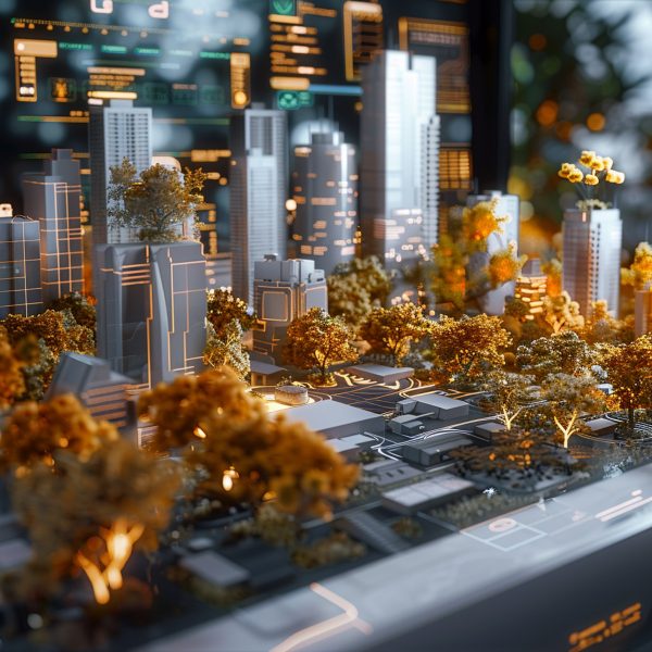 a photograph of an architectural model in tones of orange, blue and white