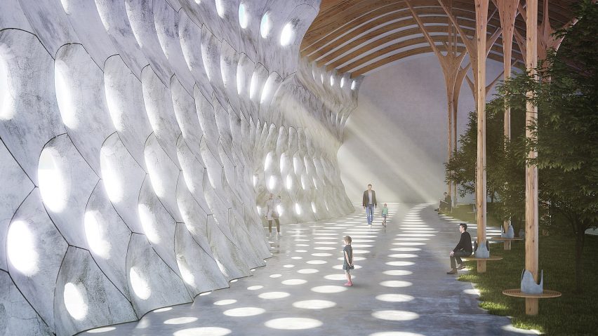 a visualisation of an outdoor space with walls and a path in tones of white