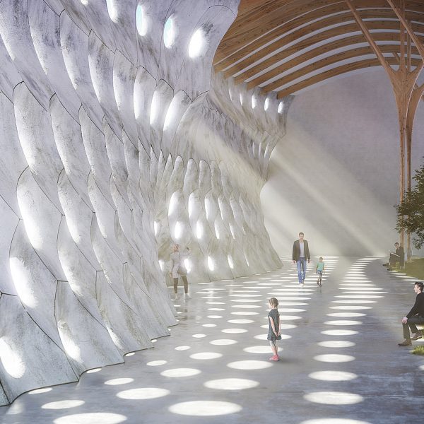 a visualisation of an outdoor space with walls and a path in tones of white