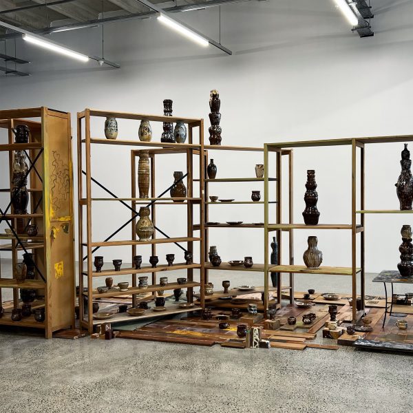 a photograph of an exhibition displaying ceramics on a wooden bookcase