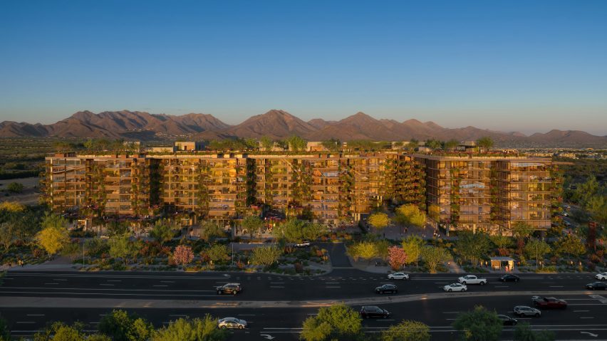 A render of a buildings clad in brown glass