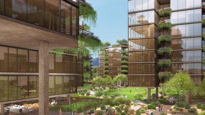 A render of a buildings clad in brown glass