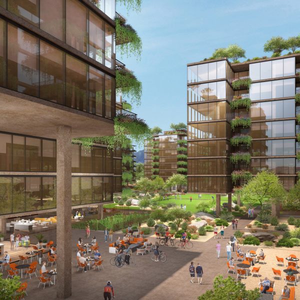A render of a buildings clad in brown glass
