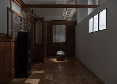 A gallery with a rock
