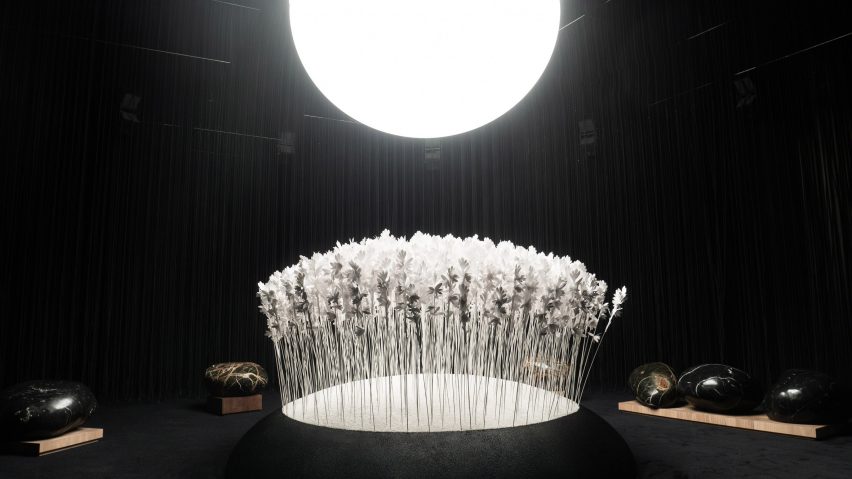An installation with paper flowers