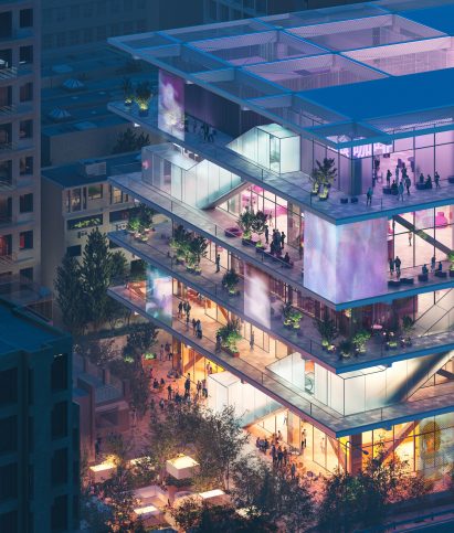 View at night of shopping complex by MVRDV