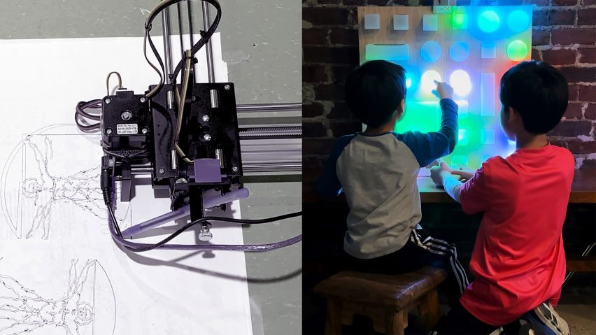 a photograph of a printing machine next to a photograph of two children looking at a screen