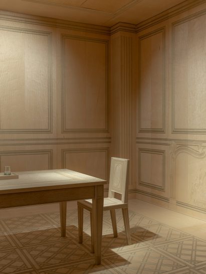 Chair and table in Nullus Locus installation by Locatelli Partners and Fabio Zambernardi