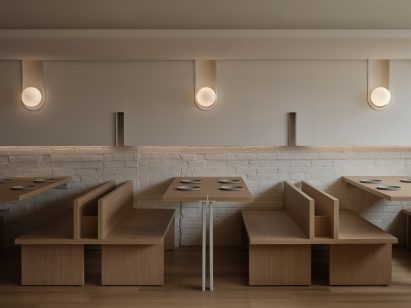 Furniture and architectural elements made from the same pale wood